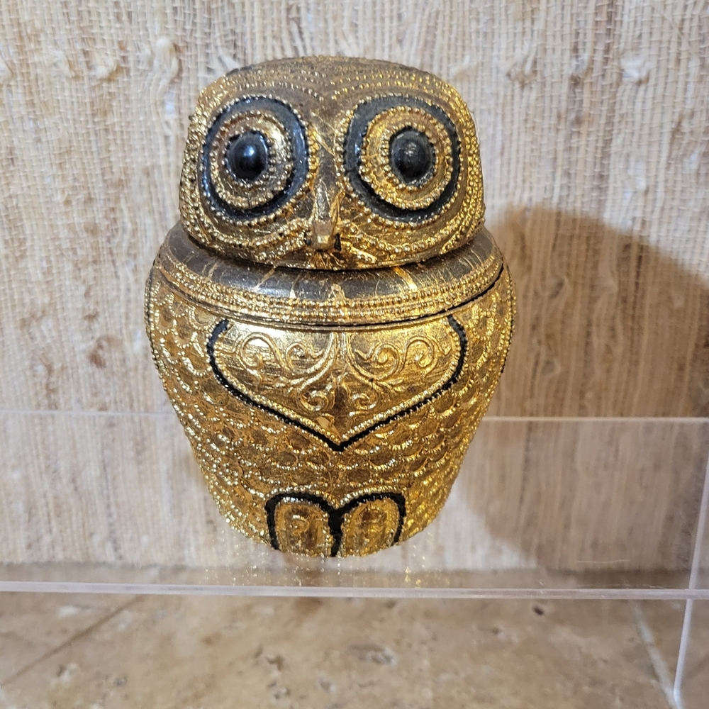 Vintage Gold and Black Gilded Lacquered Owl 4" Trinket Box